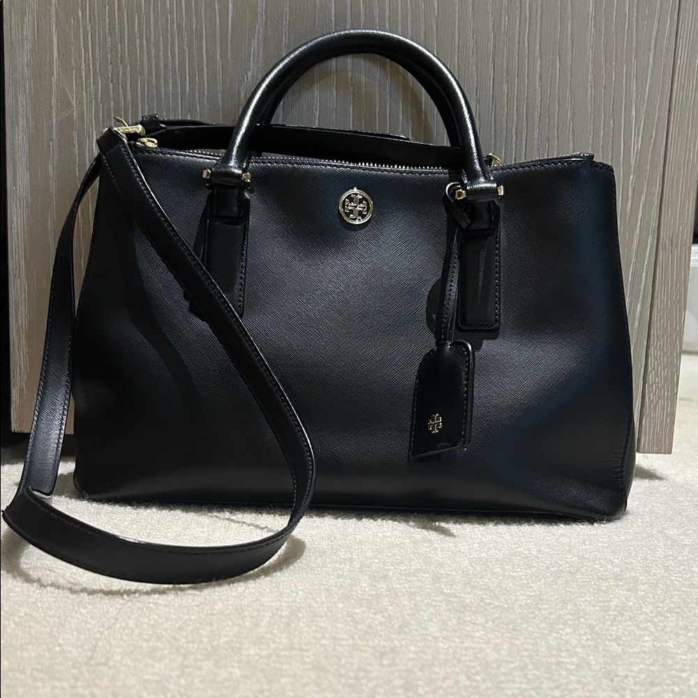 Tory Burch black Robinson double zip satchel tote
